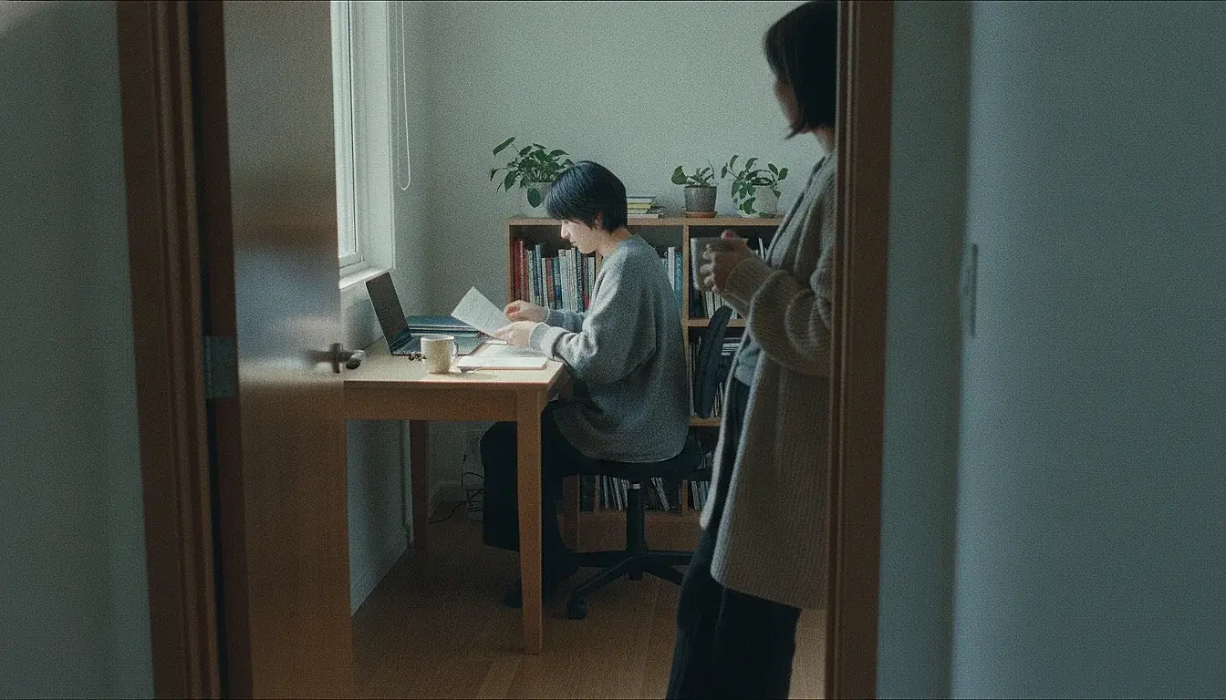 One person working at a desk under a window in a small book-lined study, seen from the corridor; another stands in the half-open doorway holding a mug, waiting rather than coming in.