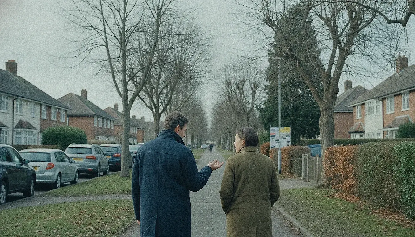 Two adults walking side by side away from the camera along a suburban footpath on a bright day, one turned slightly towards the other mid-sentence.