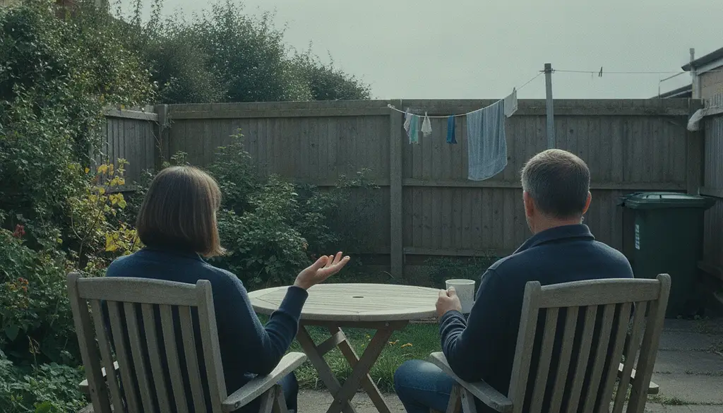 Two adults on garden chairs at a small outdoor table, seen from directly behind, one with an open hand mid-sentence, the other holding a mug.
