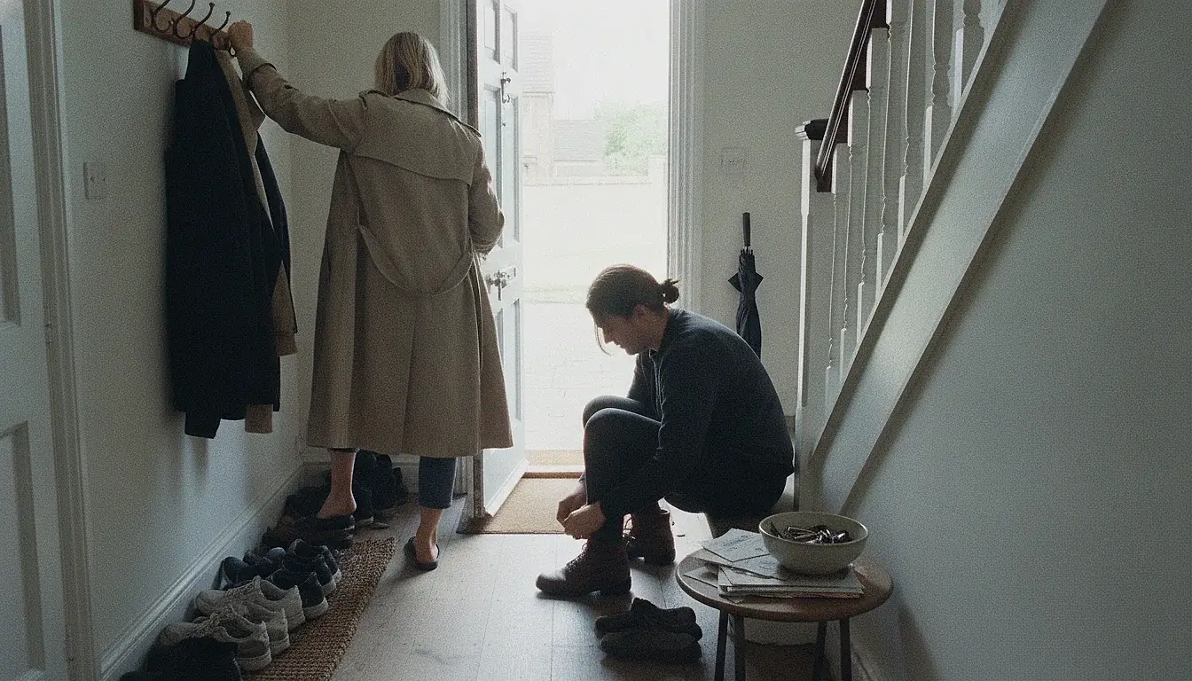 Two adults putting shoes on in a cluttered hallway, coats already over their arms, one sitting on the stairs lacing a boot and the other leaning on the wall.