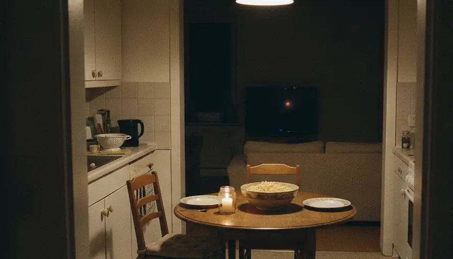 A small round kitchen table at night under a low pendant light, laid with one shared bowl, two plates and a candle in a jar, a dark television in the room beyond.