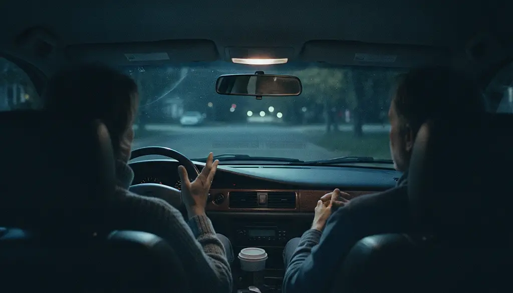 Two adults in the front seats of a parked car at night seen from directly behind, both facing the windscreen, a takeaway cup in the holder.
