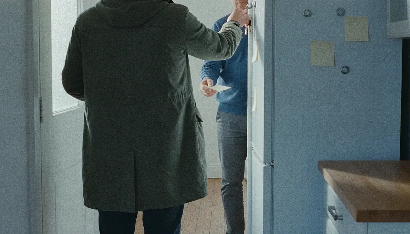 Two people passing in a kitchen doorway on a weekday morning, one in a coat lifting keys from a hook, the other holding out a small folded note; blank sticky notes on the fridge behind.