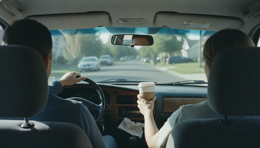 A driver and passenger in a parked car seen from the back seat, the passenger handing across a takeaway coffee cup.