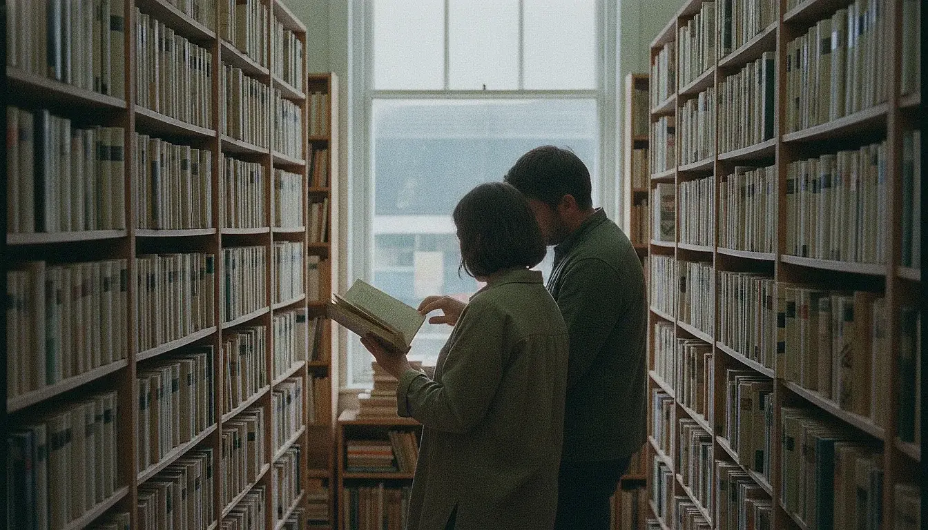 Two adults in the narrow aisle of a second-hand bookshop, one holding an open book out towards the other, both seen from behind among crowded shelves.