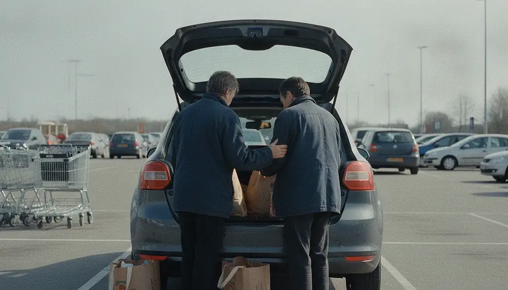 Two adults loading shopping bags into a car boot in a supermarket car park, one pausing with a hand on the other’s coat sleeve.