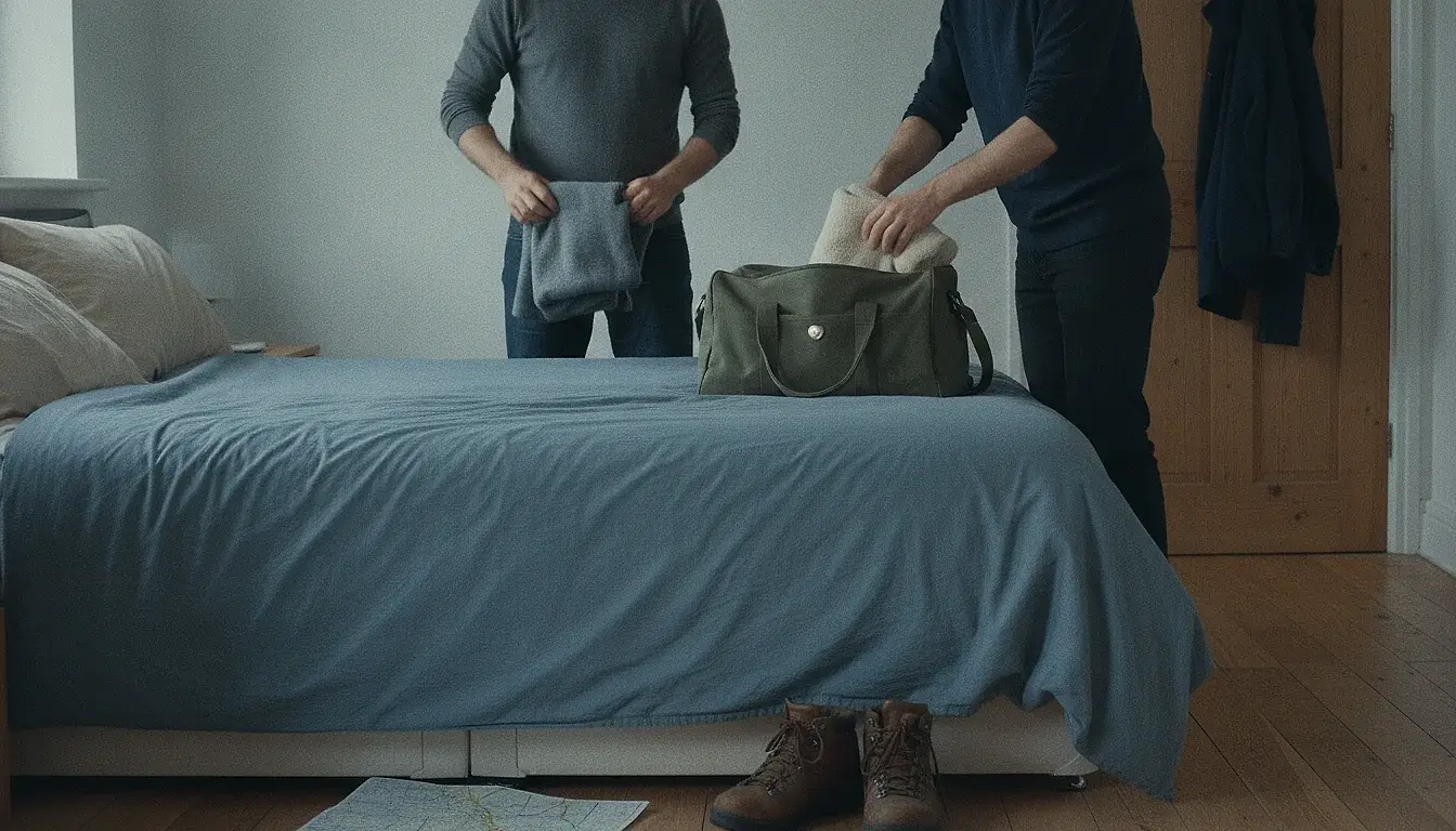 Two people packing one small canvas holdall on a made bed, seen from the chest down, one holding a folded jumper and the other tucking a rolled towel into the bag; walking boots and a folded map on the floor.