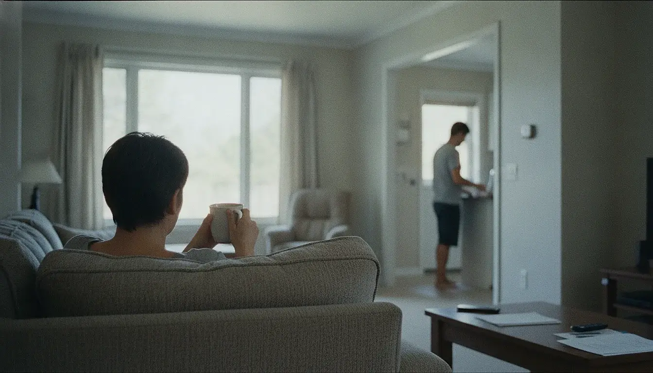 An adult sitting alone at one end of a living-room sofa with a mug, seen from behind; through an open doorway across the hall the other person's back is visible, busy in another room.