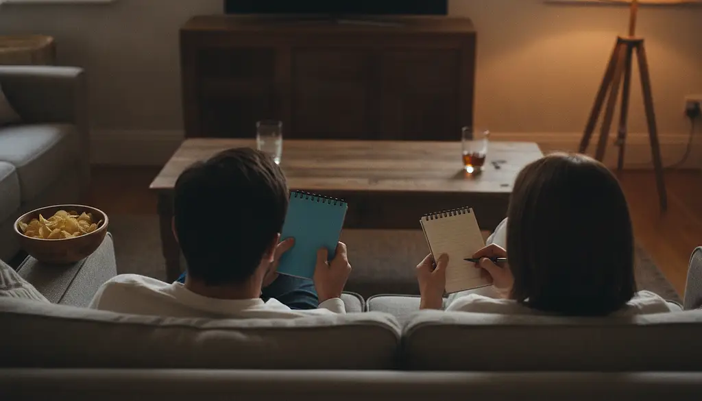 Two adults on a sofa seen from behind over their shoulders, each holding a small spiral pad out in front of them and angled away from the other.