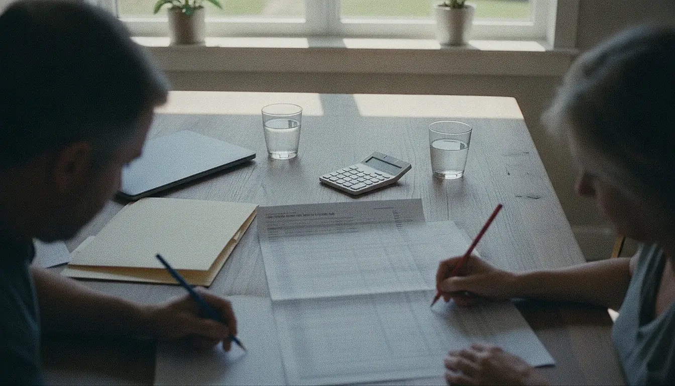 Two adults at a dining table over a printed bank statement, each marking lines on it with a different coloured pencil, seen from above and behind their shoulders.