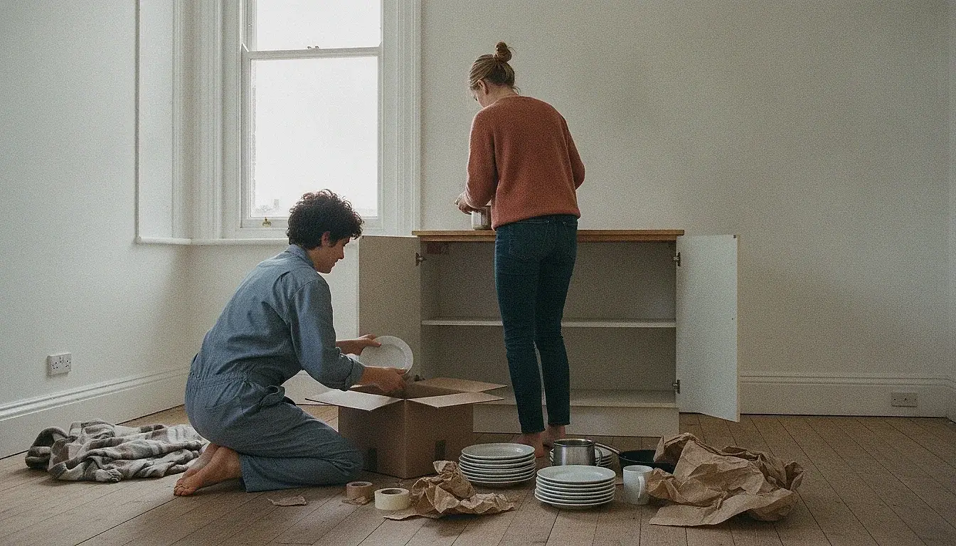 Two adults kneeling on the bare floor of a half-unpacked flat, sorting kitchen things out of a cardboard box into two groups in front of an open empty cupboard.