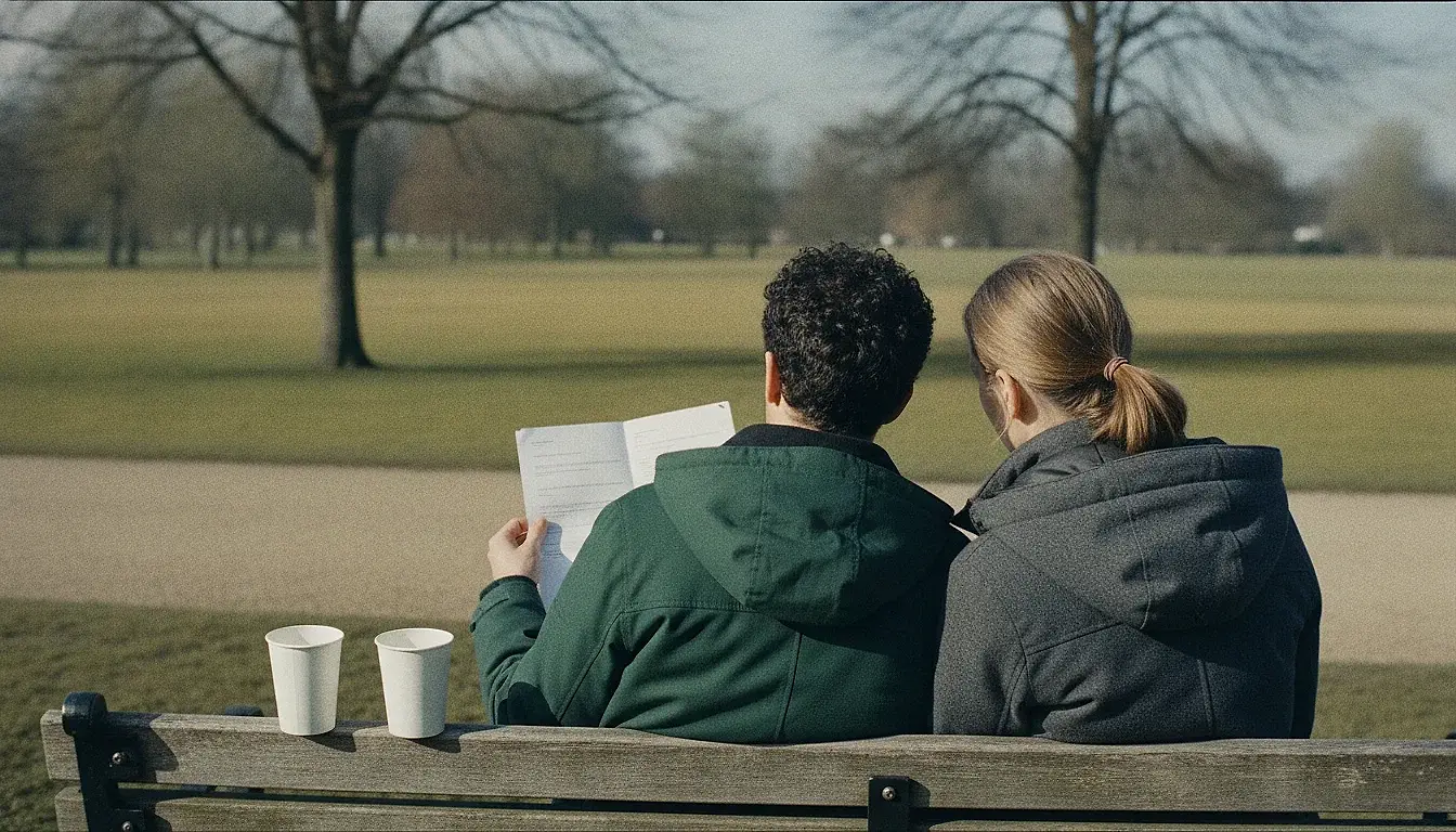 Two adults sitting close together on a park bench seen from behind, one holding a folded sheet of paper that both are looking at, bare trees and a path beyond.