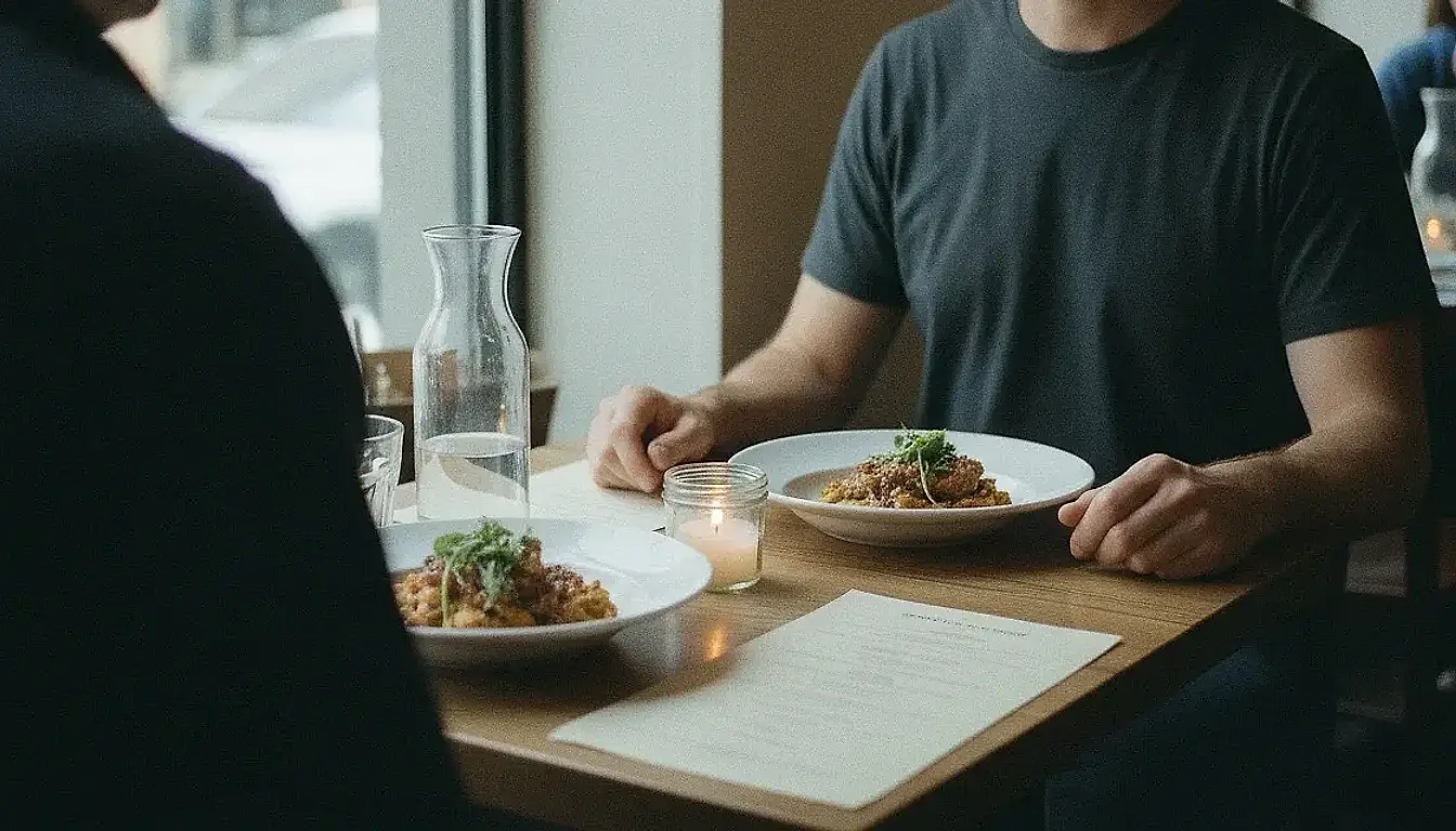 A small restaurant table photographed over one diner's shoulder; opposite them the other person's torso and hands rest either side of a plate, the top edge of the picture cutting across their chest.