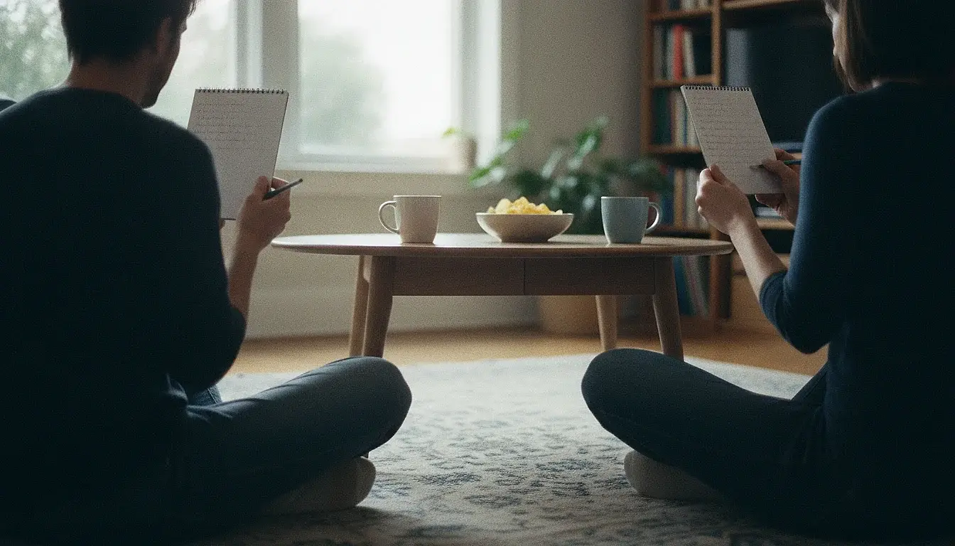 Two people sitting cross-legged on a rug with their backs to the camera, each writing on a spiral pad held up out of the other's view, mugs and a bowl on the low table in front of them.