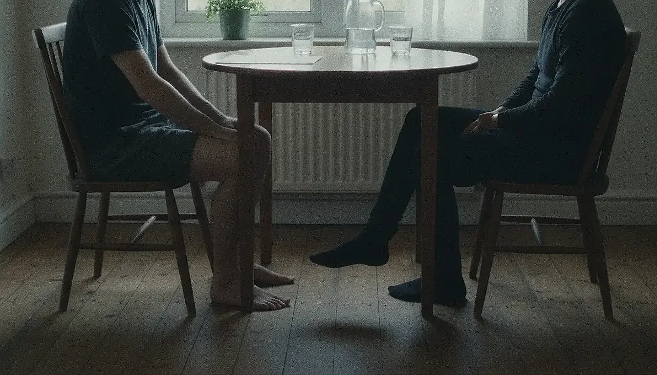 Two people sitting on plain wooden chairs facing each other across a small round table by a window, seen from the shoulders down, a single printed page and a jug of water on the table.