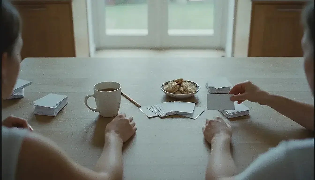Three fanned stacks of blank cards on a wooden table, one adult's hand moving a card from one stack to another while the other adult's forearms rest at the edge of the frame.