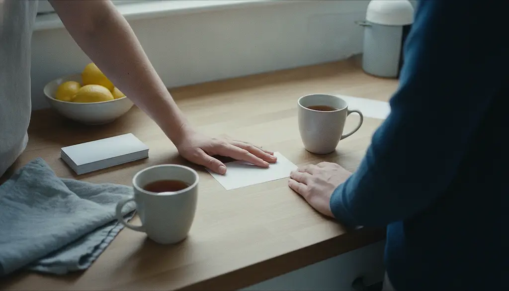 A blank card laid face up on a kitchen worktop between two mugs, one person’s hand still on it and the other reaching in.