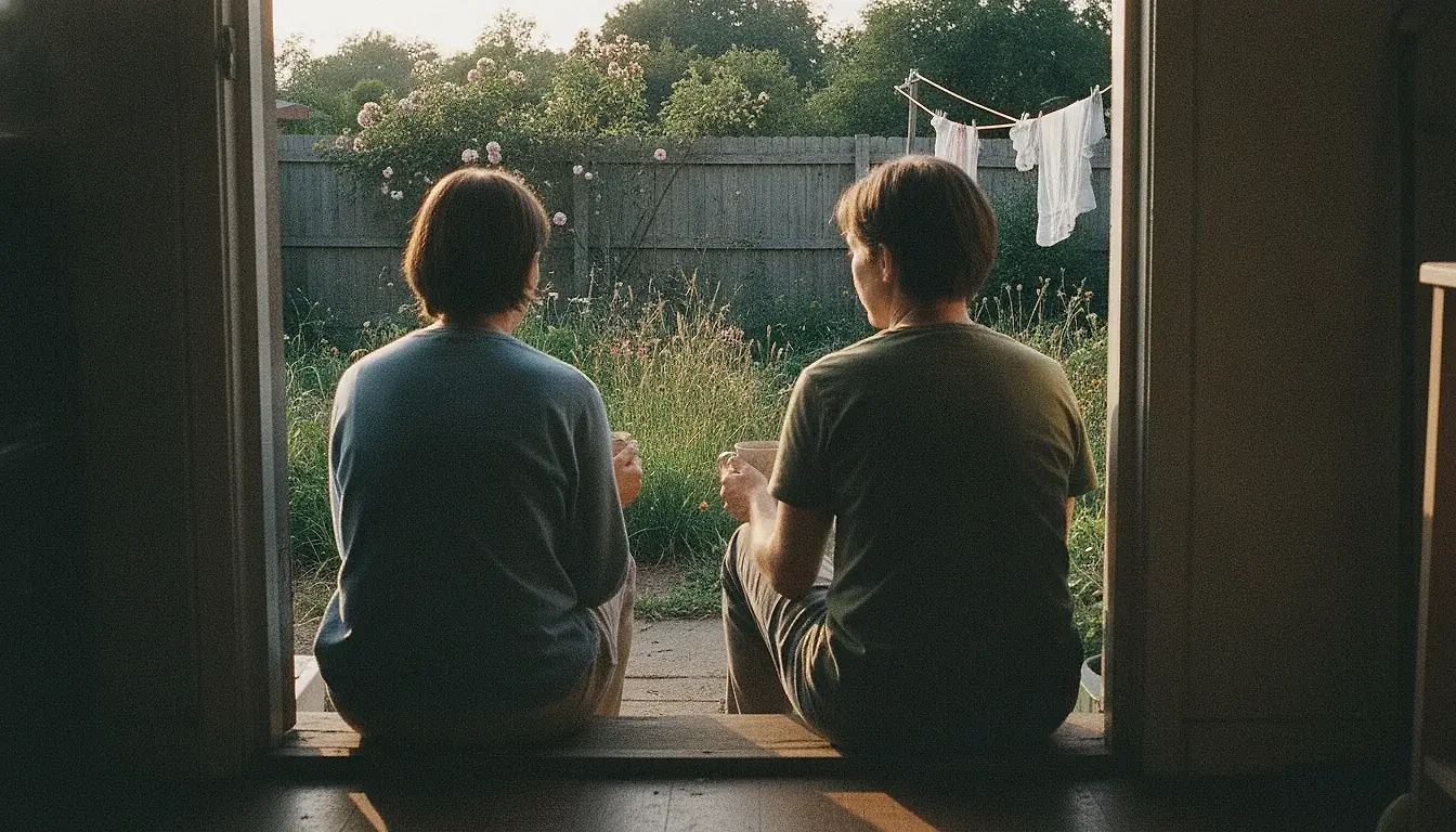 Two adults sitting side by side on a back doorstep with mugs, seen from behind, one turned slightly towards the other; a garden and a washing line beyond.