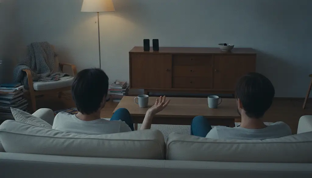 Two adults sitting at either end of a sofa in the evening, turned towards each other mid-conversation, both phones left on the far sideboard.