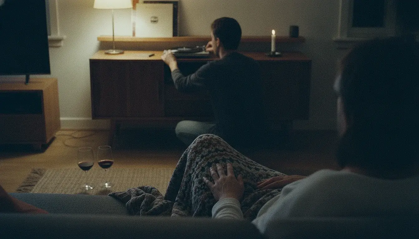 A lamplit living room seen over the back of a sofa, one person sitting under a blanket and the other crouched at a sideboard putting a record on, two glasses of wine on the rug.