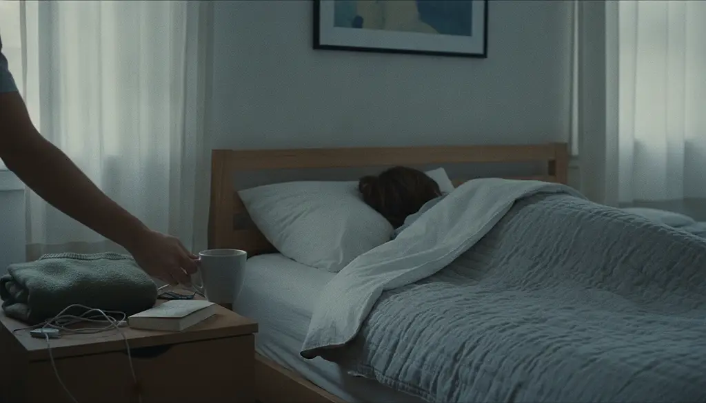 A hand setting a mug of tea on a bedside table beside a folded jumper, the other person still asleep under the duvet with their back to the camera.