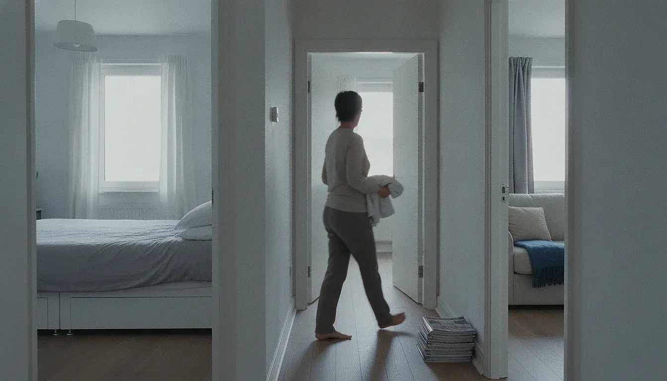 A corridor with a made double bed visible through the door on one side and a sofa with a folded blanket on the other; a person walks across the middle of the frame carrying folded laundry.