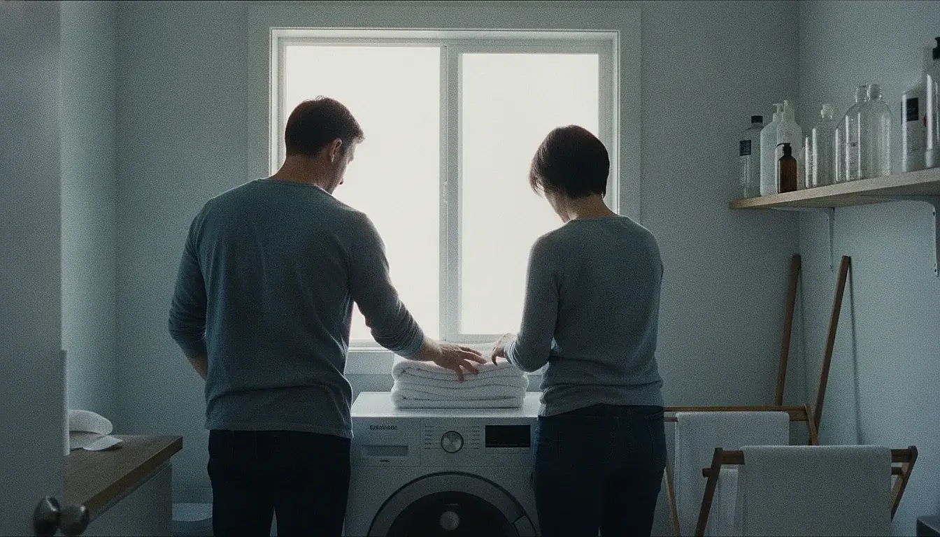 Two adults standing shoulder to shoulder with their backs to the camera in a bright utility room, folding towels on top of a washing machine, one reaching across to add a towel to the other's pile.