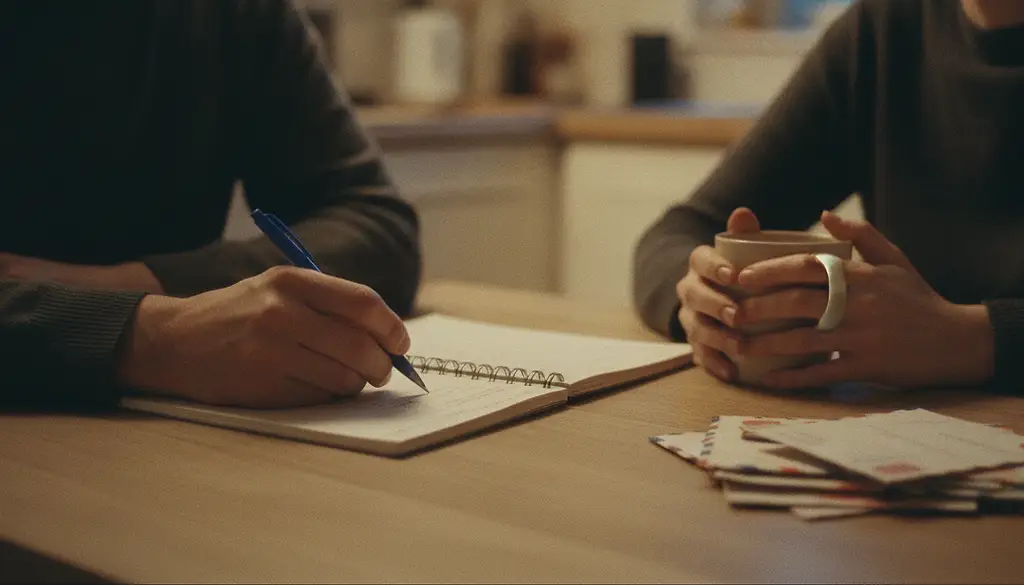 Two adults at a kitchen table seen from the chest down, one writing in an open spiral notebook, the other holding a mug in both hands, a stack of post at the table edge.
