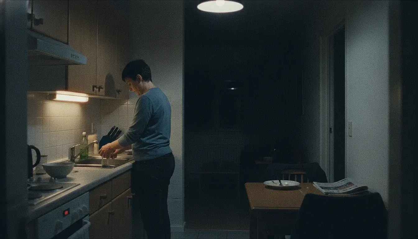 A person washing up alone at a kitchen sink under a strip light at night, head bent, with a used plate and a folded newspaper still on the table in the dark room behind.