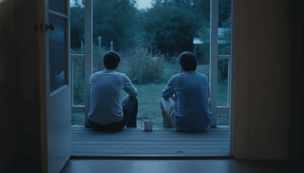 Two adults sitting on separate steps of a back porch at dusk with a gap between them, both looking out at the garden.